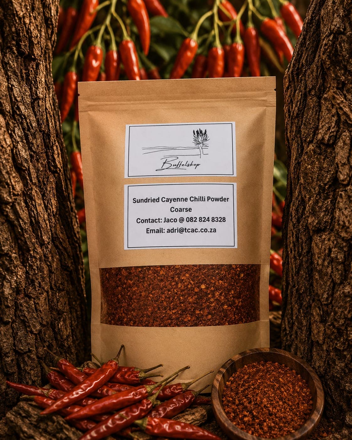 Buffelskop chilli powder bag among freshly picked cayenne chillies