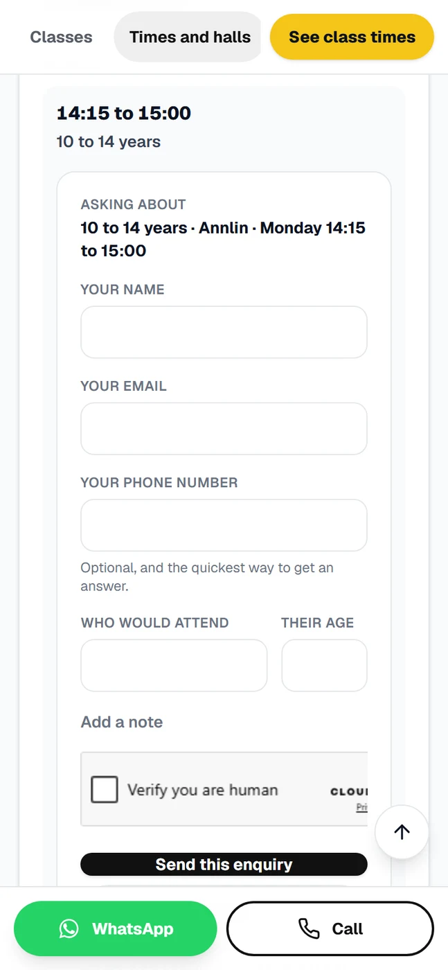 A class enquiry asking who would attend and their age, as well as the parent's name, email and phone