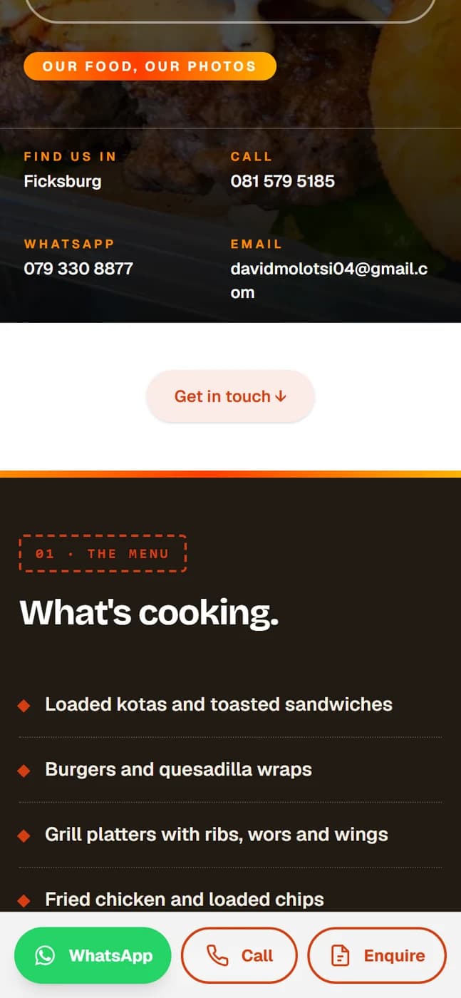 A menu on a phone, listed as readable text rather than a photograph of a page