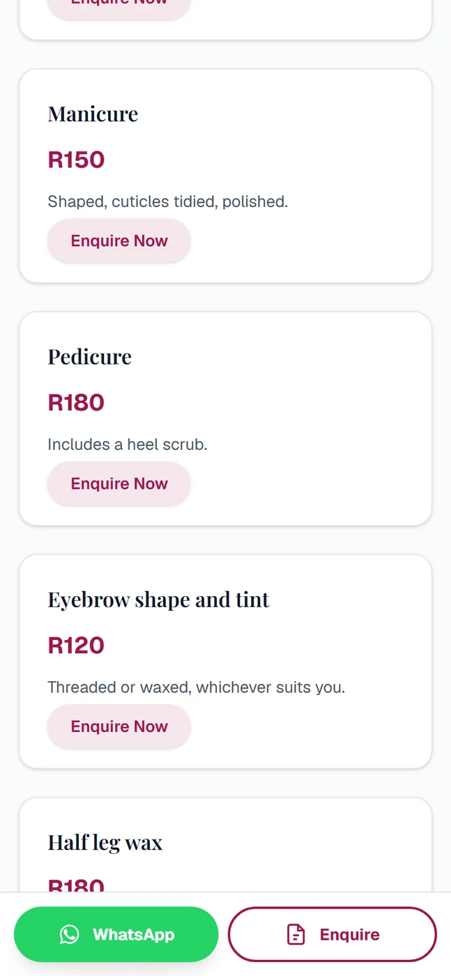 A salon price list on a phone, each treatment with what it costs