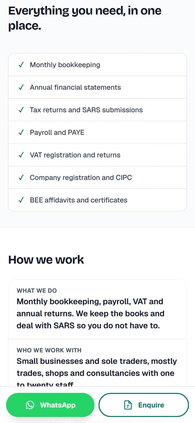 A page section headed how we work, saying who the practice works with and how it charges
