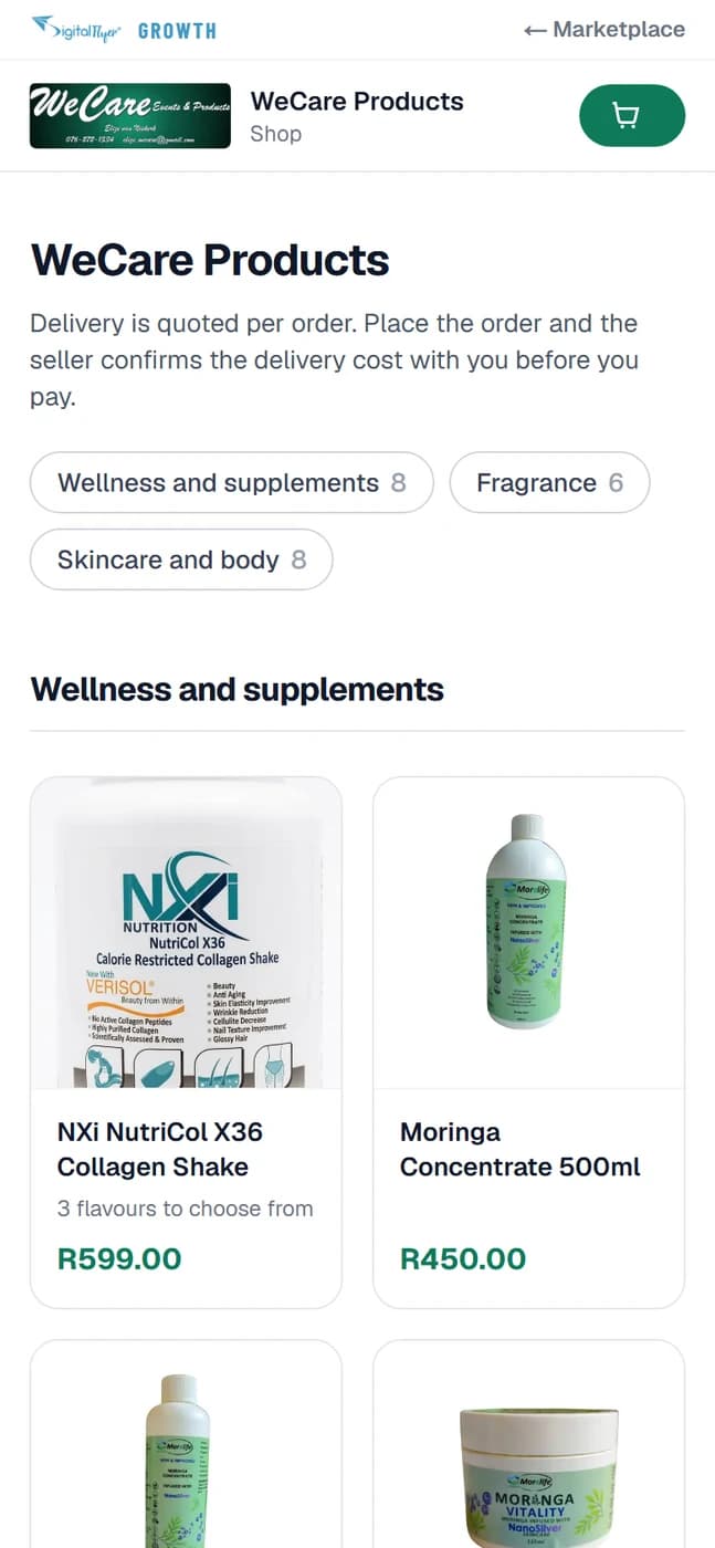 A shop page on a phone, showing products in categories with their prices